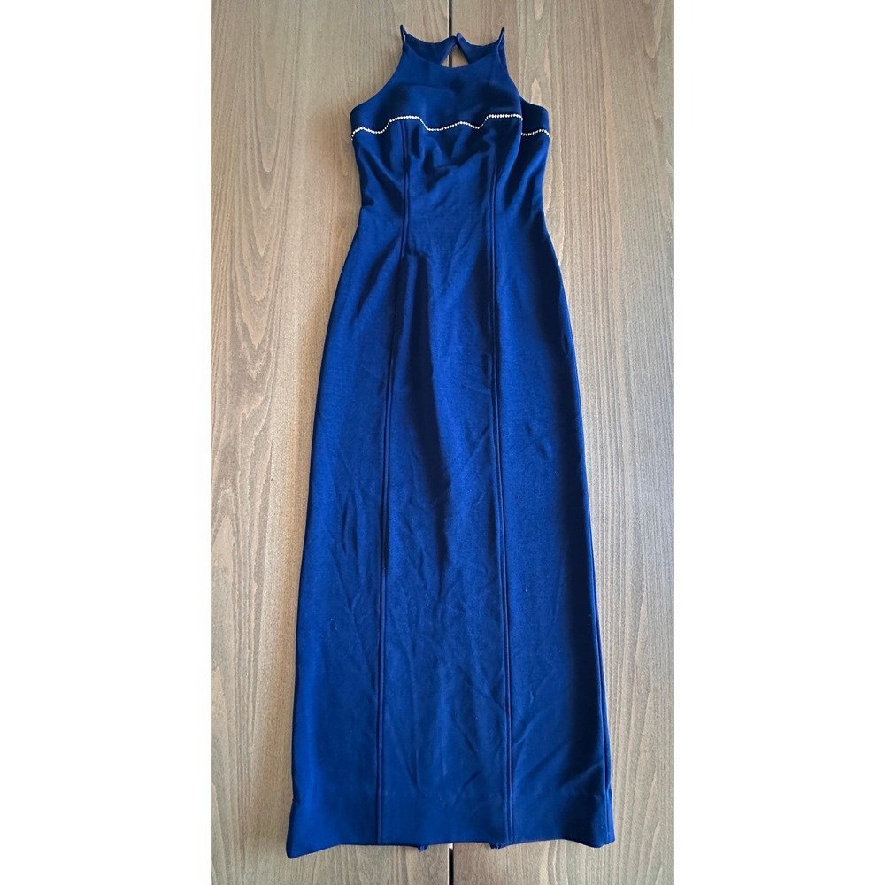 Vintage Betsy & Adam Vintage Navy Blue Rhinestone Halter Keyhole Maxi Dress Gown